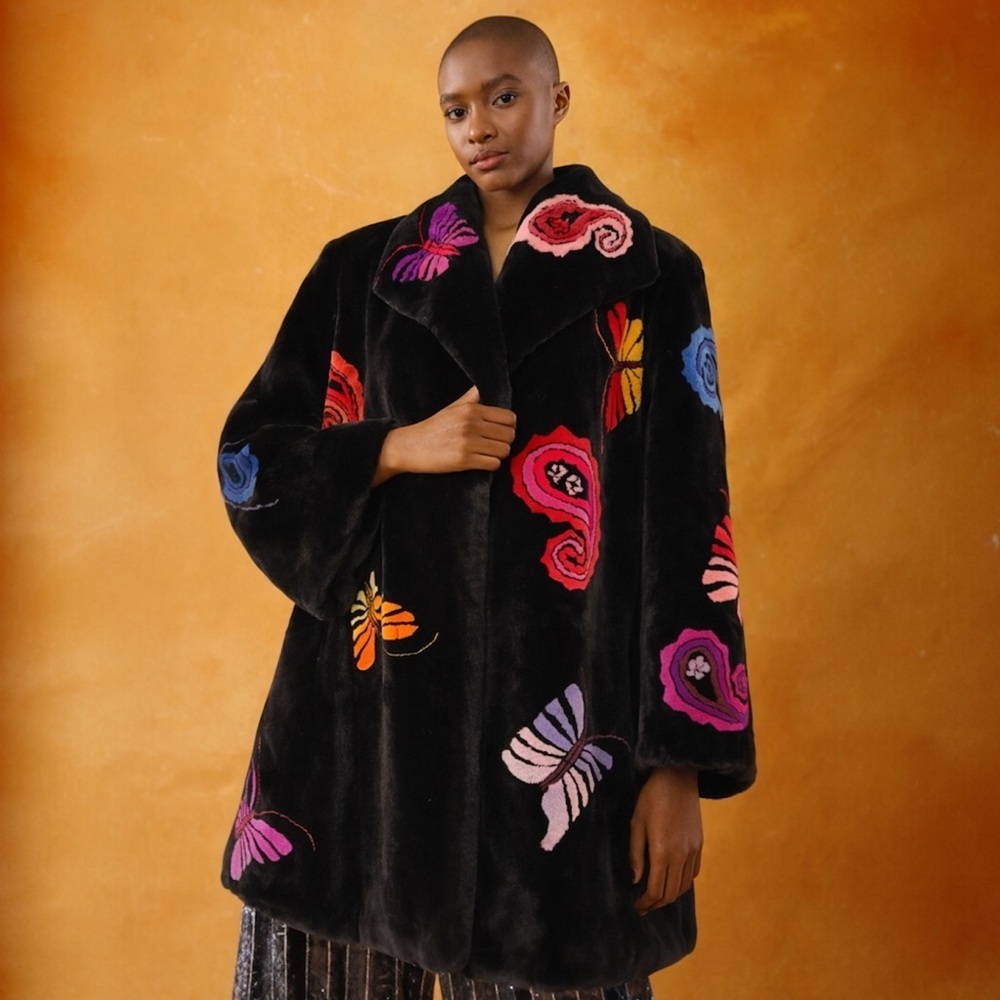 Authentic Zuki Sheared Real Beaver Coat with Butterfly & Paisley Motif - RARE - Picture 2 of 12